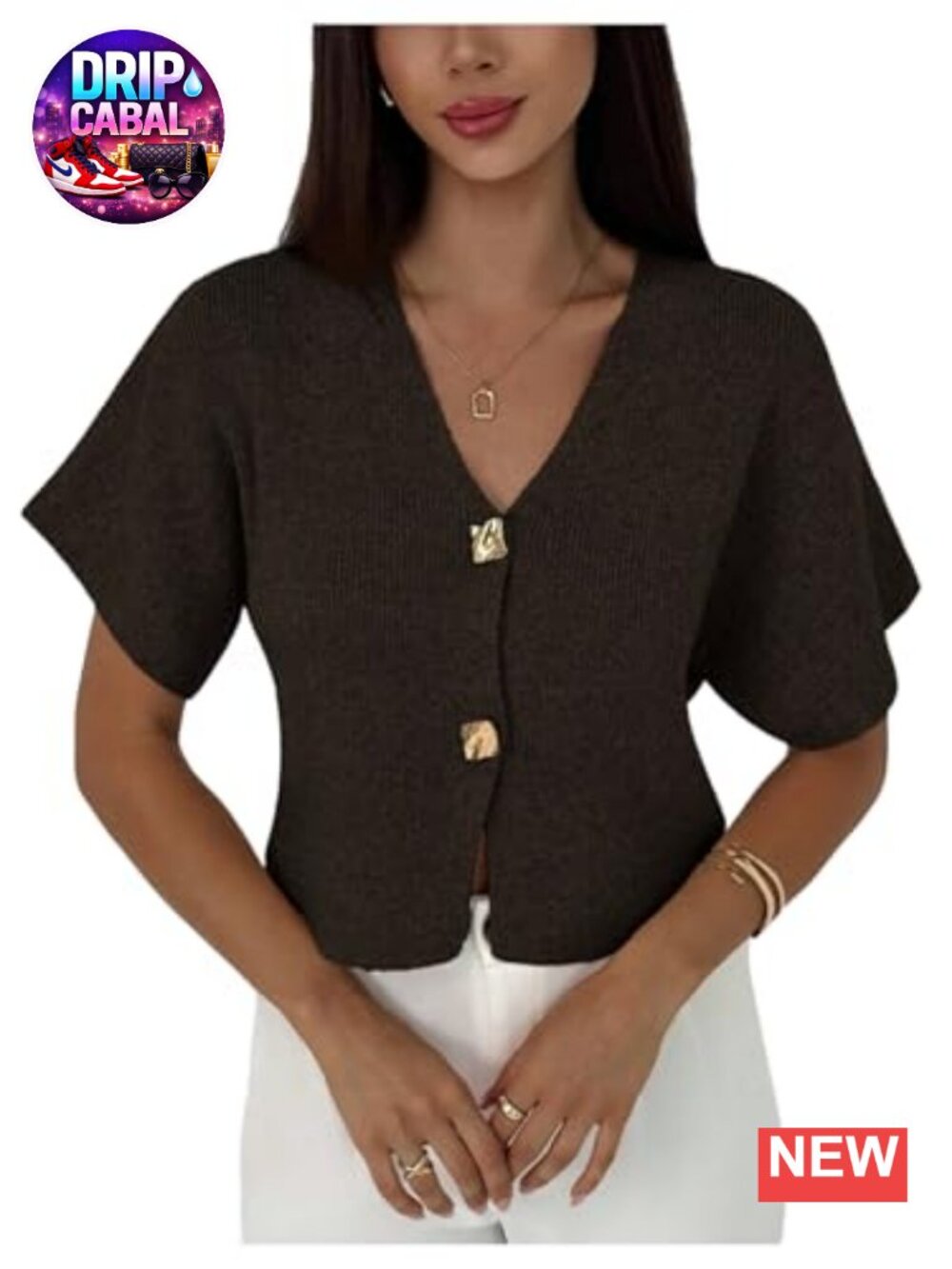Women's Short Sleeve V Neck Button Front Rib Knit Cardigan Sweater